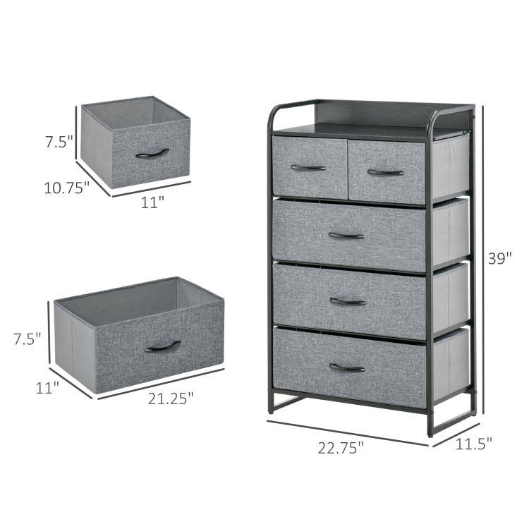 Gray 5-drawer chest dresser with black frame; top shelf and side storage panels