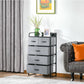 Gray 5-drawer chest dresser with top shelf, fabric drawers, and black frame