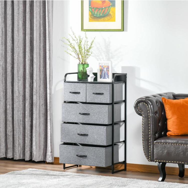 Gray 5-drawer chest dresser with top shelf, fabric drawers, and black frame