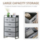 Gray 5-drawer chest dresser with fabric drawers and black frame, shown with storage close-ups