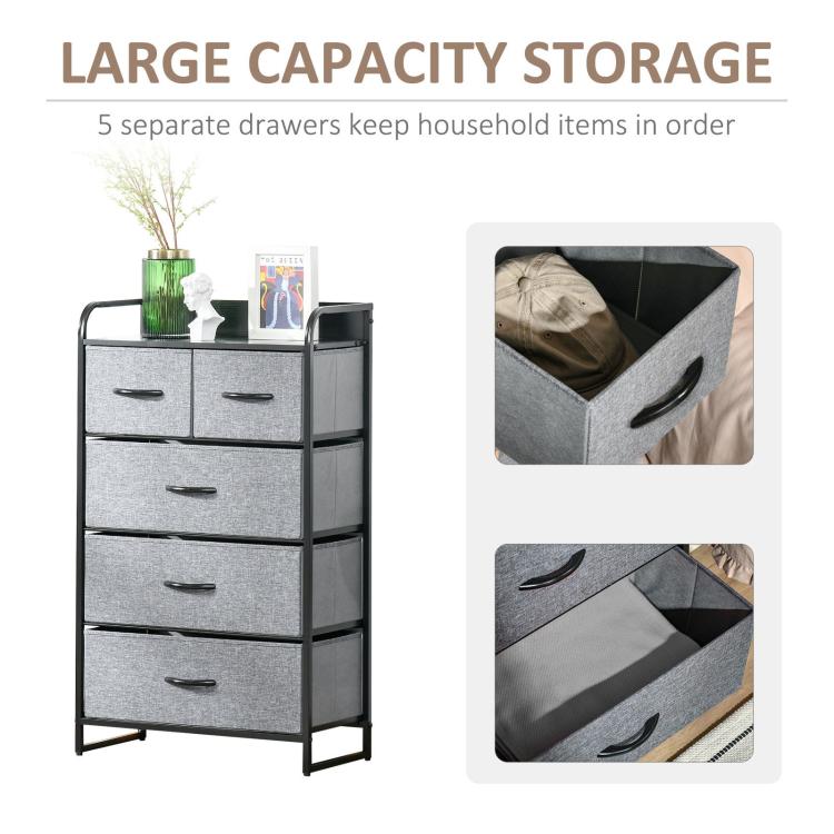 Gray 5-drawer chest dresser with fabric drawers and black frame, shown with storage close-ups