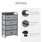 Gray 5-drawer chest dresser details: curved wooden handles, tabletop, adjustable feet