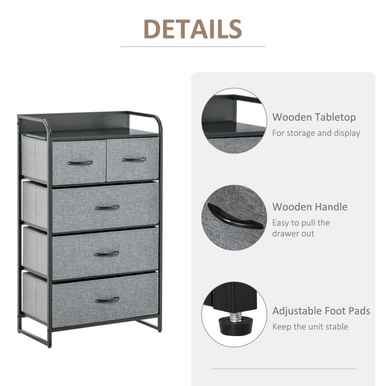 Gray 5-drawer chest dresser details: curved wooden handles, tabletop, adjustable feet