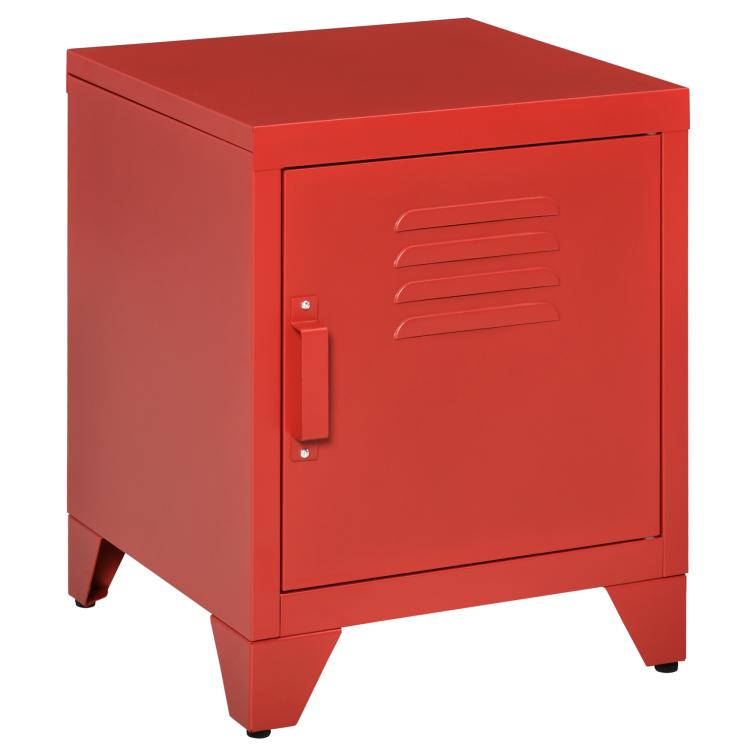 Red industrial end table with locker-style door and metal handle