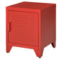 Red industrial side table with front locker door and sloped legs