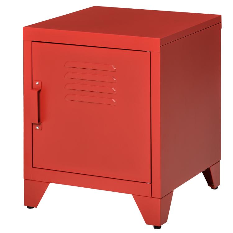 Red industrial side table with front locker door and sloped legs