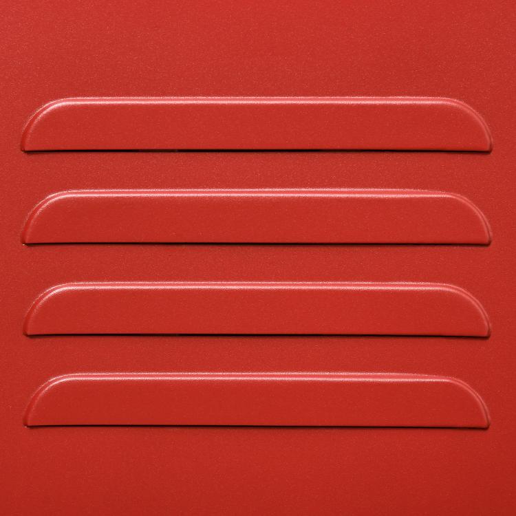 Red locker-style door pulls, arched bar handles