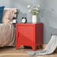 Red locker-style end table with door and open shelf for bedside storage