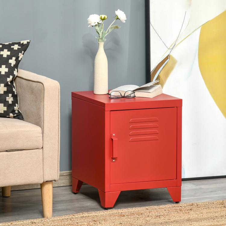 Red industrial nightstand-style end table with locker door and adjustable shelf
