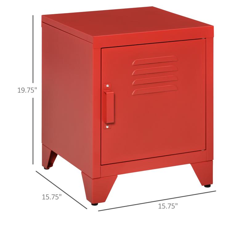 Red industrial end table with locker door, metal handle, and four corner legs