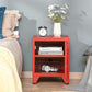 Red end table with open door revealing inner shelf and storage space