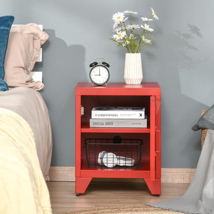 Red end table with open door revealing inner shelf and storage space
