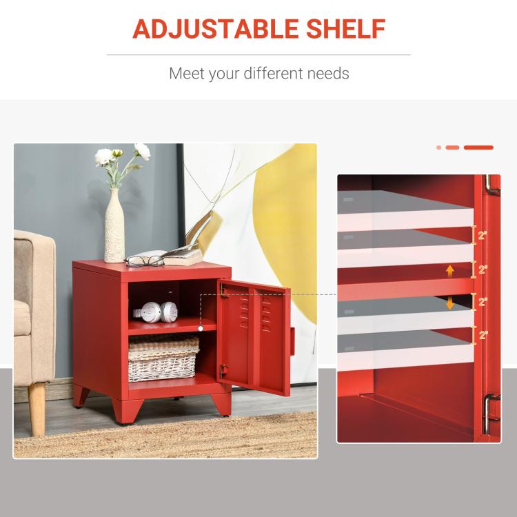Red locker-style end table with adjustable internal shelf and open door
