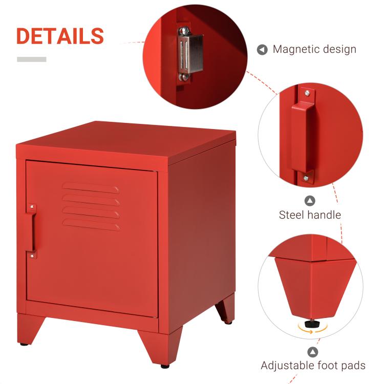 Red end table showing magnetic-style handle detail and adjustable foot pads