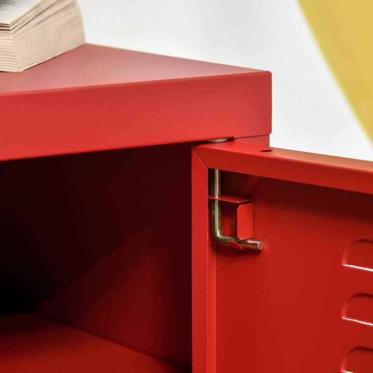 Red locker-style door with metal handle and open cabinet interior