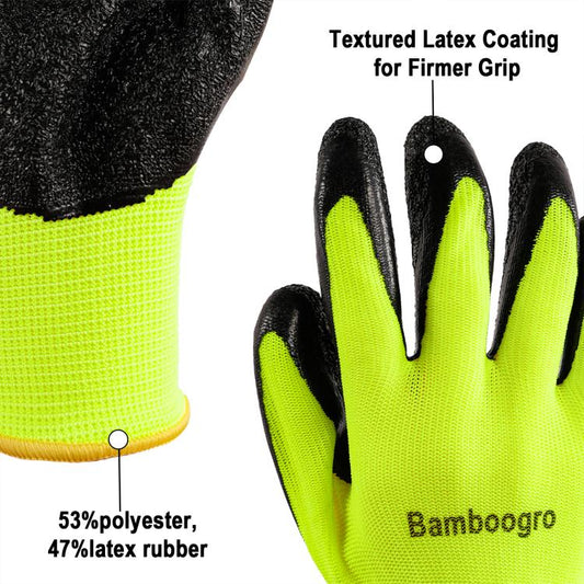 Neon green cuff with black textured latex fingertips on a close-up work glove