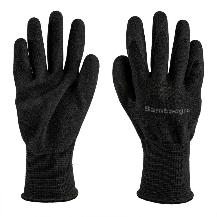 Pair of black seamless knit gloves with matte anti-slip latex-coated palm