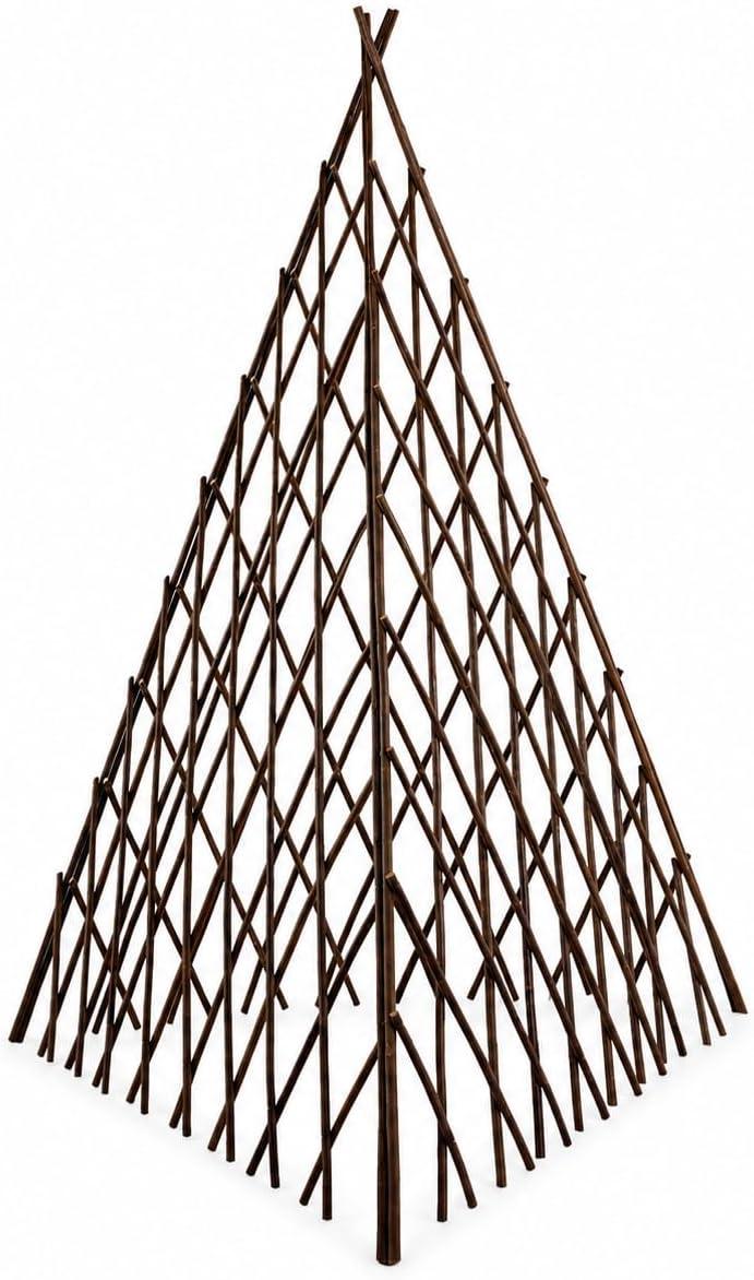 Dark brown willow teepee plant trellis with crisscross lattice for climbing vines