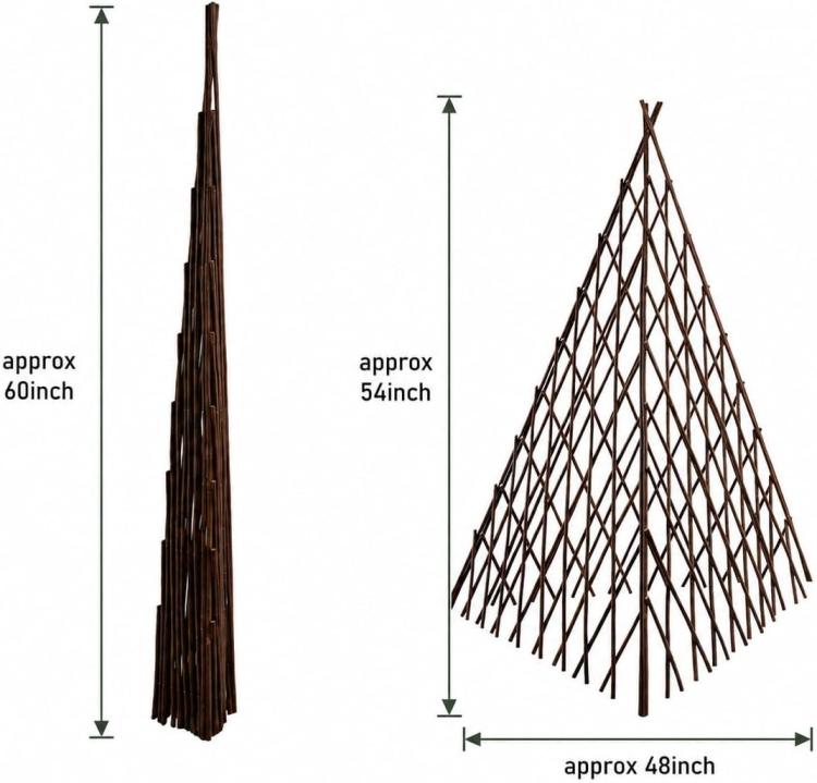Expandable dark brown teepee trellis frame with crisscross woven lattice, upright
