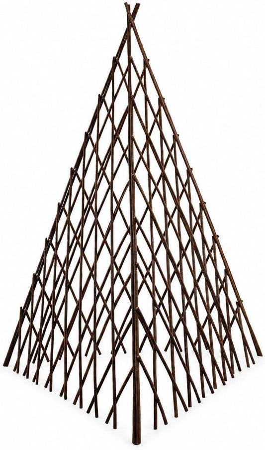 Dark brown willow teepee plant trellis with crisscross lattice for climbing vines