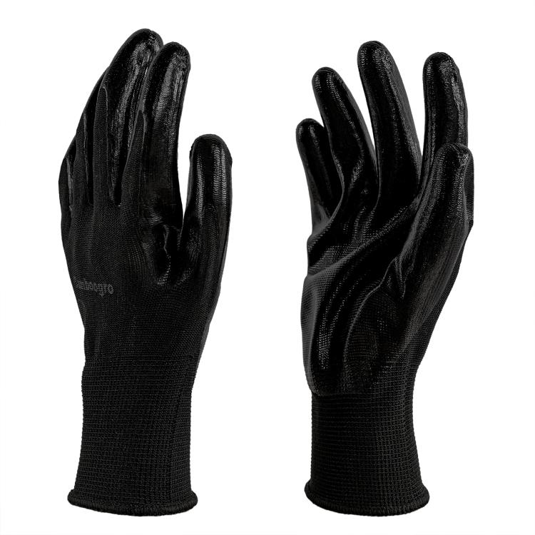 Black PU-coated knit work gloves with seamless palm and finger grip