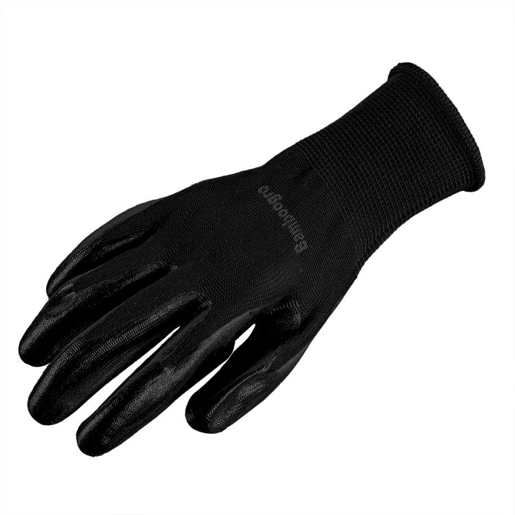 Black coated work glove with smooth palm and finger surface