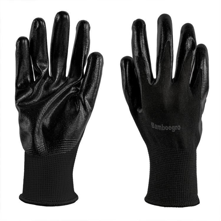 Pair of black grip gloves with PU-coated textured palms and fingers