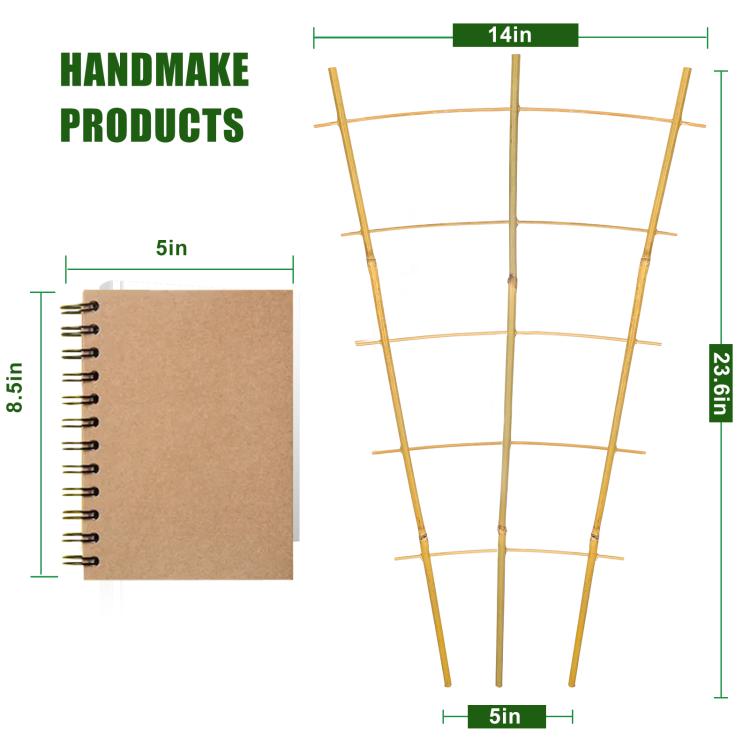 Natural bamboo trellis panel, about 14 in tall, with curved rungs and stakes