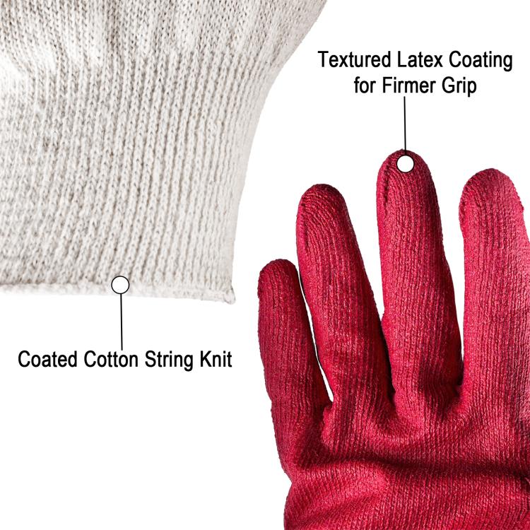 Light knit work gloves with textured red latex coating for firm grip