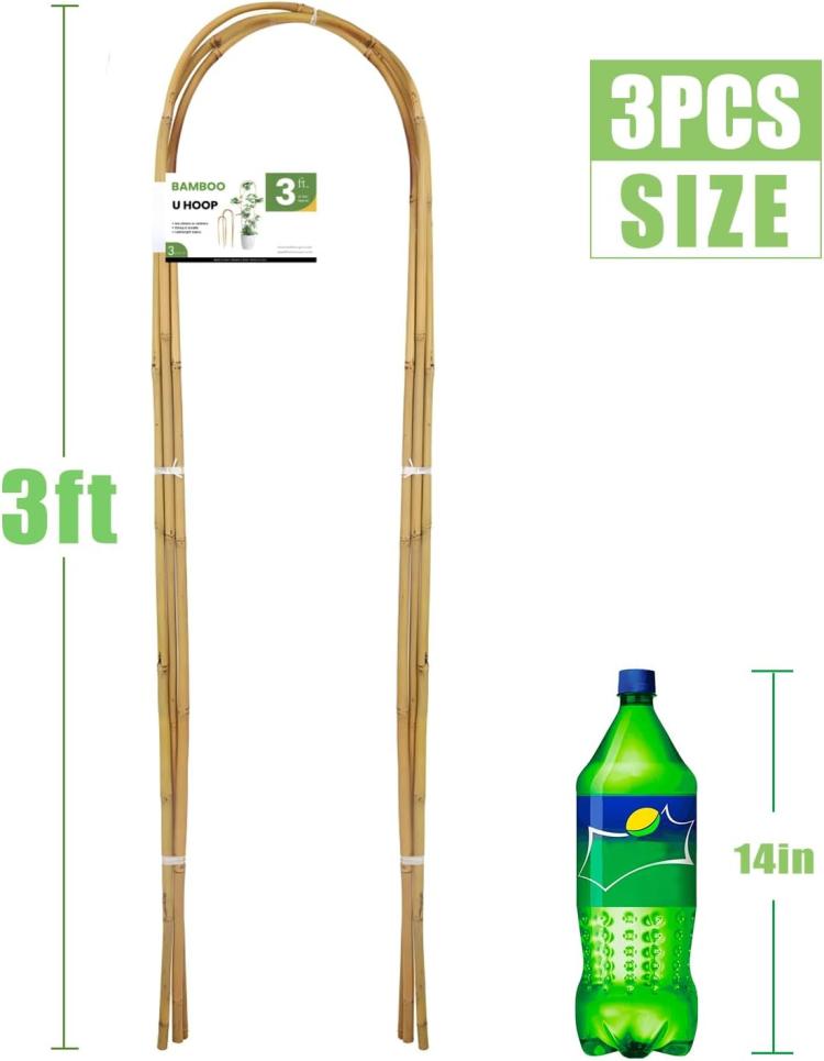 Set of 3 natural bamboo U-hoop garden trellises with arched frame