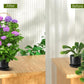 After-and-before view of bamboo U-hoop trellis supporting potted flowering plants