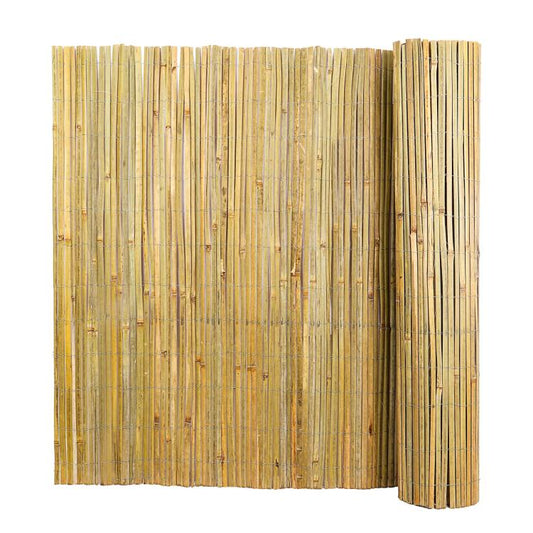 Natural bamboo slat privacy fence roll with vertical poles, woven screen panel