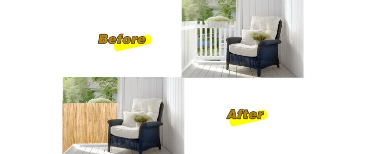 Bamboo privacy fence screen shown installed on a patio setting, before and after