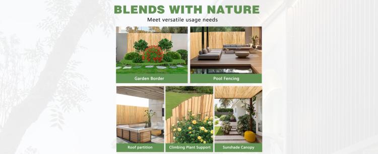 Natural bamboo slat privacy fence used on multiple outdoor areas in a collage