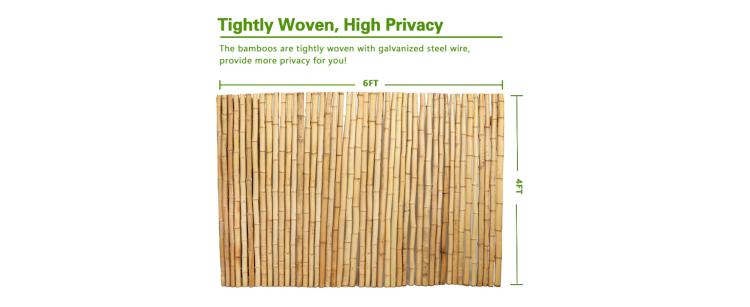 Woven bamboo privacy fence panel with tightly spaced vertical poles, light tan.