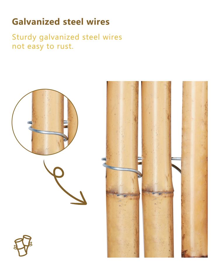 Bamboo fence poles secured with galvanized steel wire ties, close-up of connections.