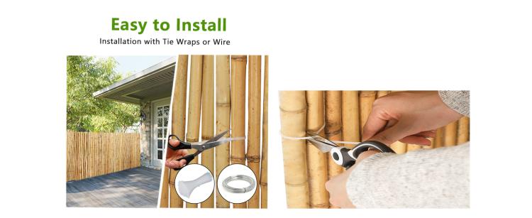 Bamboo fence installation: tie wire loops around bamboo poles using hand tools.