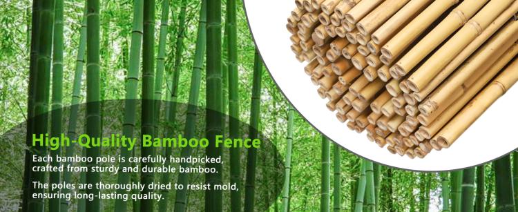 Bamboo fence slats and bundled poles made from natural stalks, light tan.