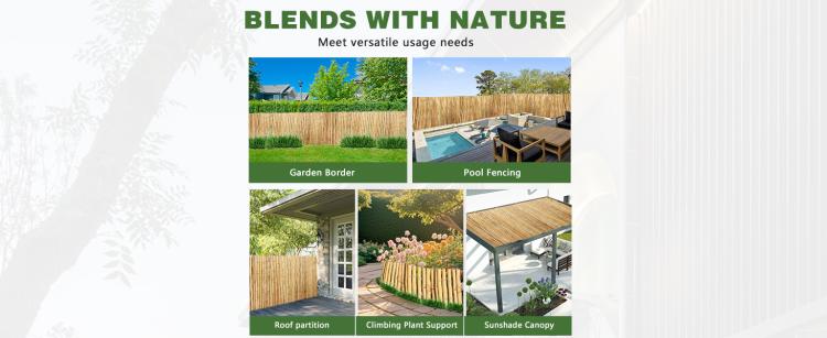 Bamboo privacy fence panels used as garden borders, partitions, and poolside screens.