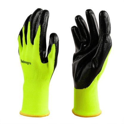Neon yellow knit work gloves with black PU grip on palm and fingers