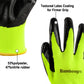 Neon yellow knit glove with textured black coating for firm finger grip