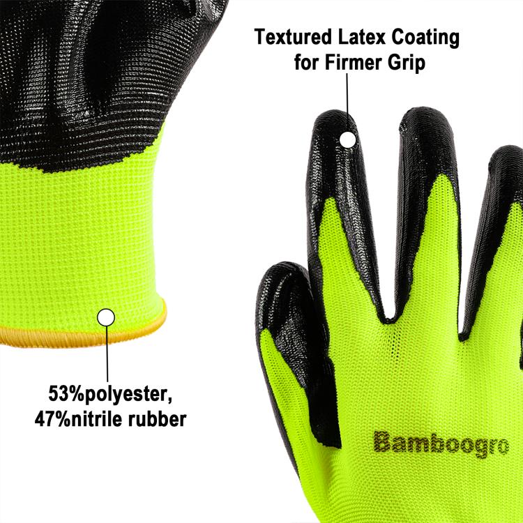 Neon yellow knit glove with textured black coating for firm finger grip