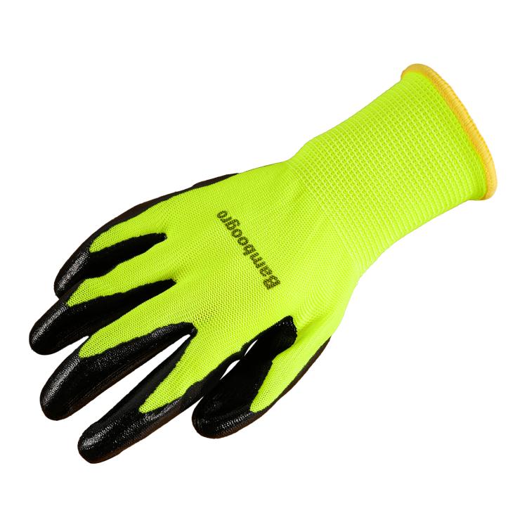 Neon yellow knit glove with black finger-dip grip and elastic cuff
