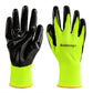Pair of neon yellow knit work gloves with black non-slip palm grips