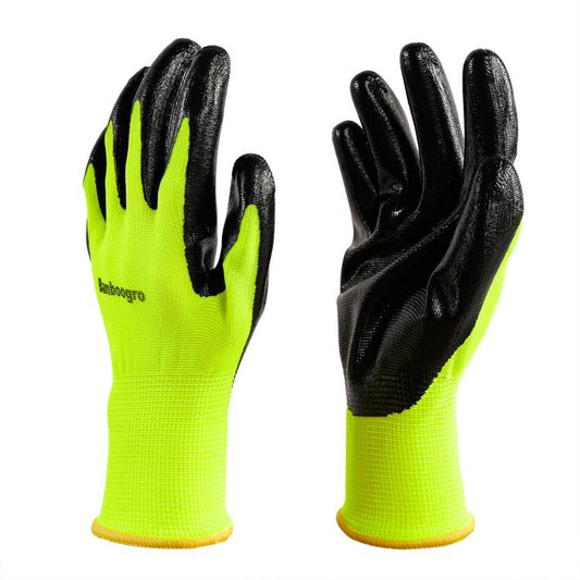 Neon yellow knit work gloves with black PU grip on palm and fingers