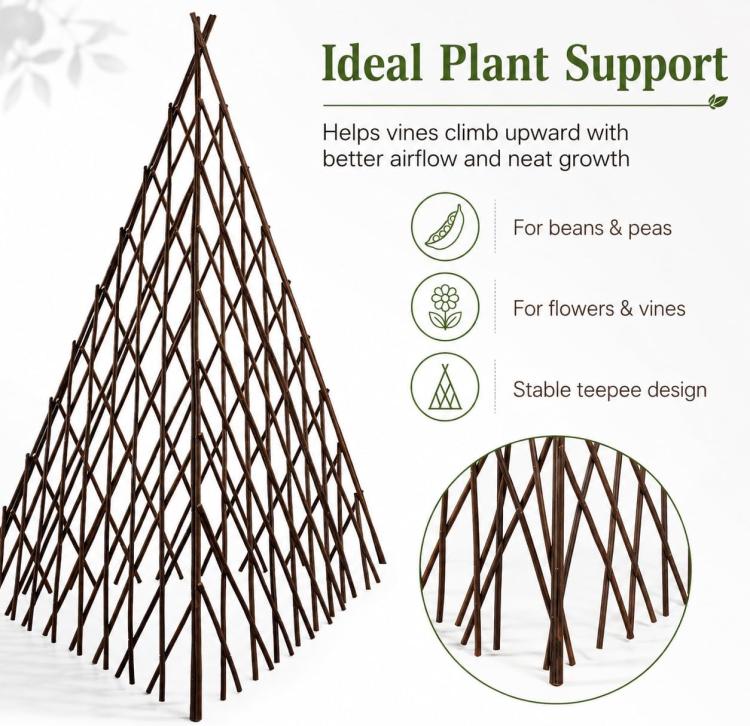 Wood teepee plant trellis with diamond lattice pattern and pointed top frame