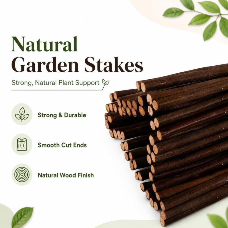Bundle of natural brown wood garden stakes for DIY plant trellis support