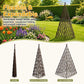 Expandable wood teepee plant trellis shown folded, partially expanded, and fully expanded