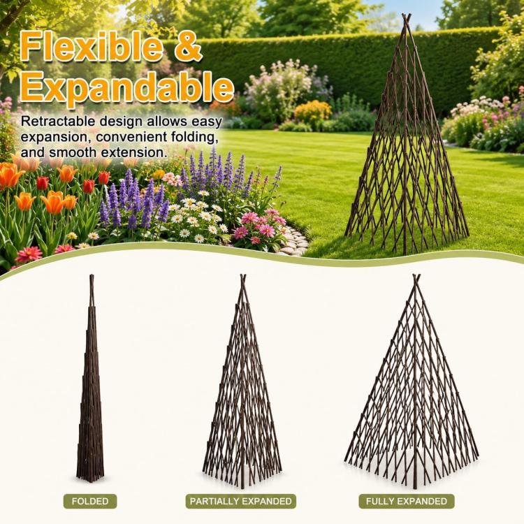Expandable wood teepee plant trellis shown folded, partially expanded, and fully expanded