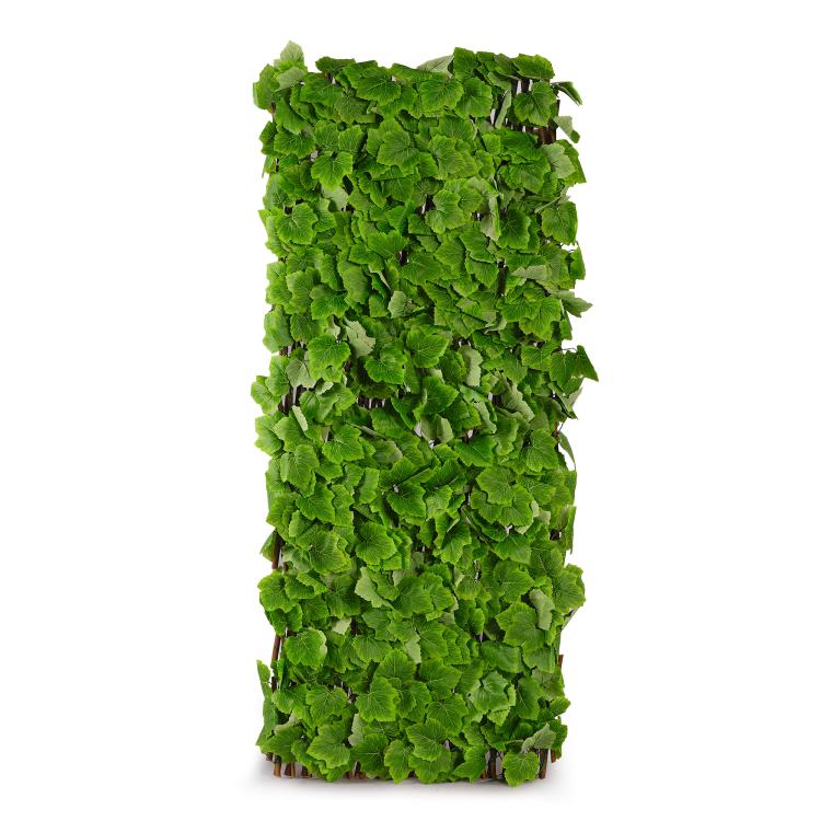 Faux ivy privacy screen with green PE leaves and brown wood frame, upright panel
